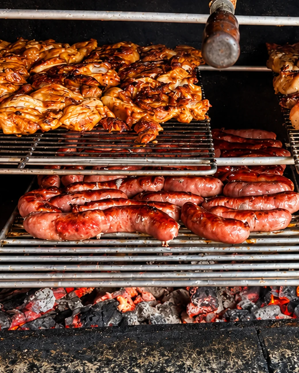 Frango e linguiça assando sobre a brasa em grelhas de churrasqueira