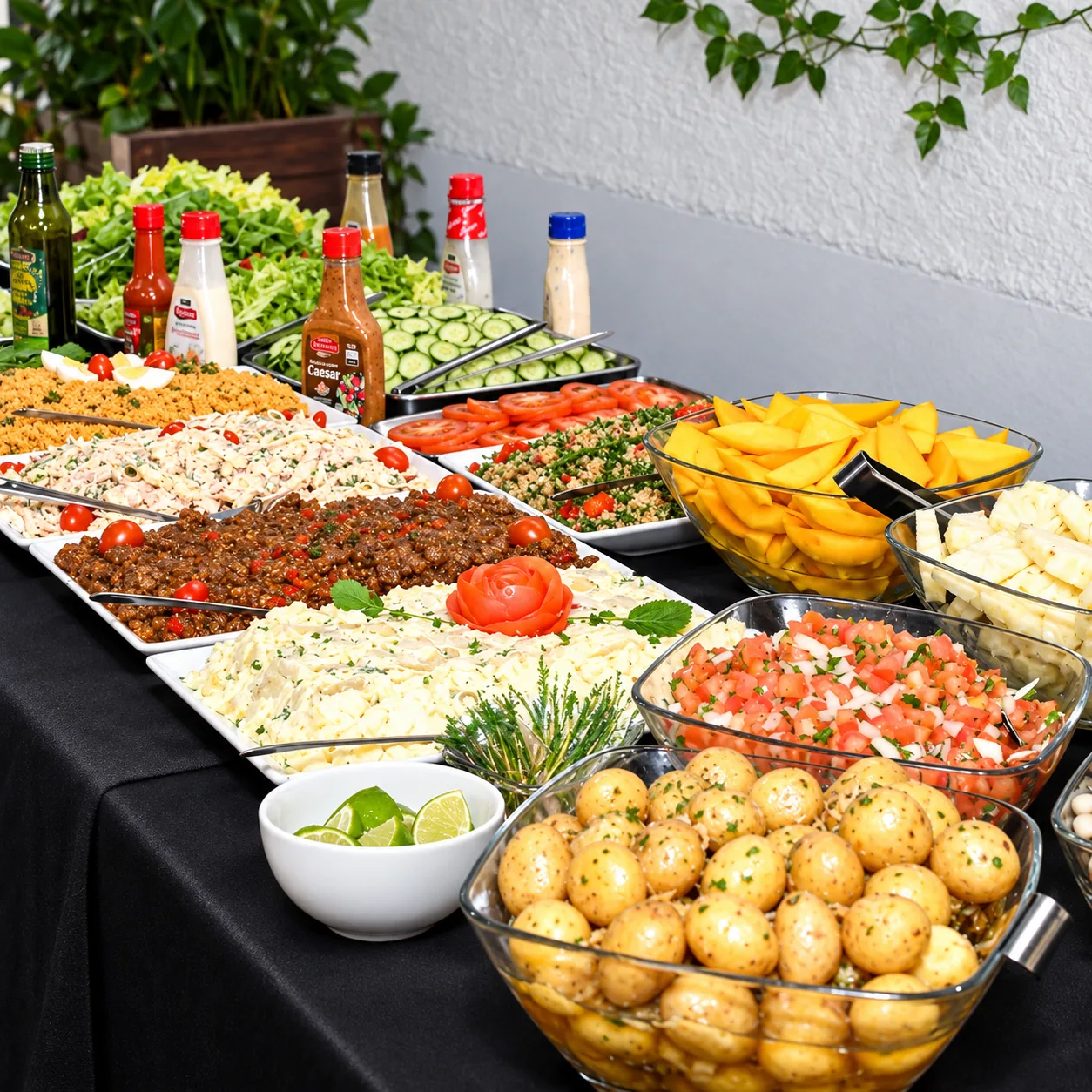 Mesa de buffet com saladas, cuscuz, maionese, carnes e frutas