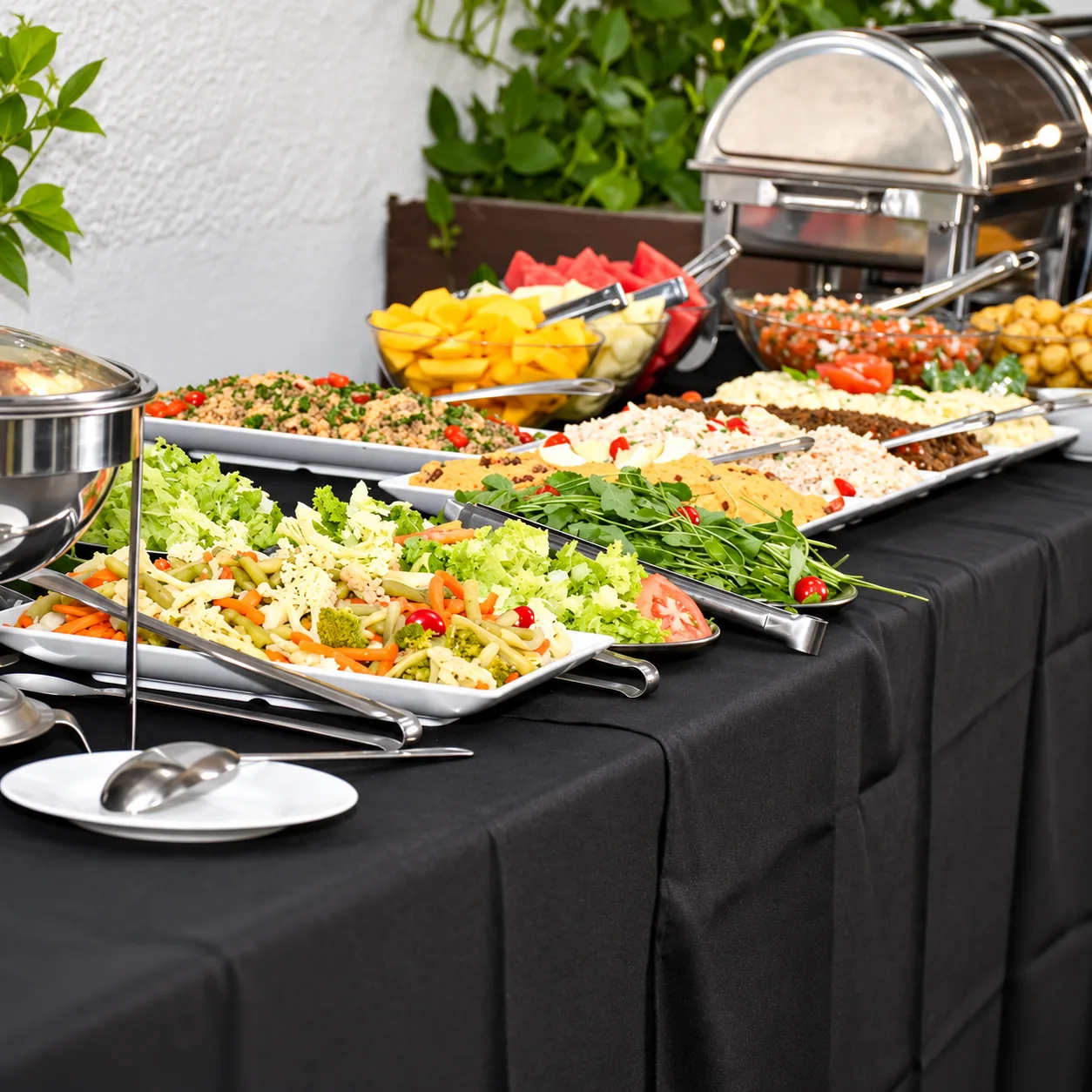 Mesa de buffet montada com saladas, frios e rechauds de inox