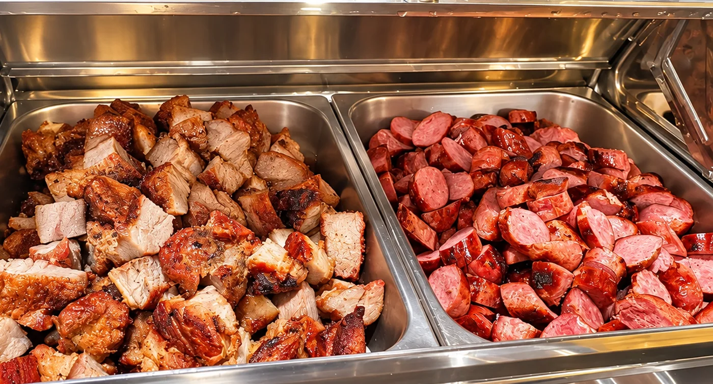 Carnes e linguiça fatiadas servidas em rechaud de inox